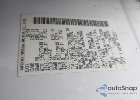 2008 Nissan Titan Le/Se из США, поврежденный, VIN 1N6AA07C98N353706